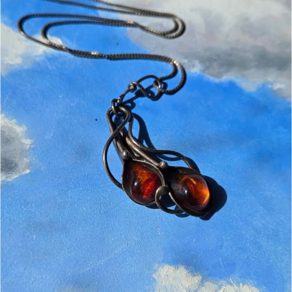 Sterling Silver & Amber Calla Lily Pendant Art Nouveau Reclaimed Vintage Jewelry